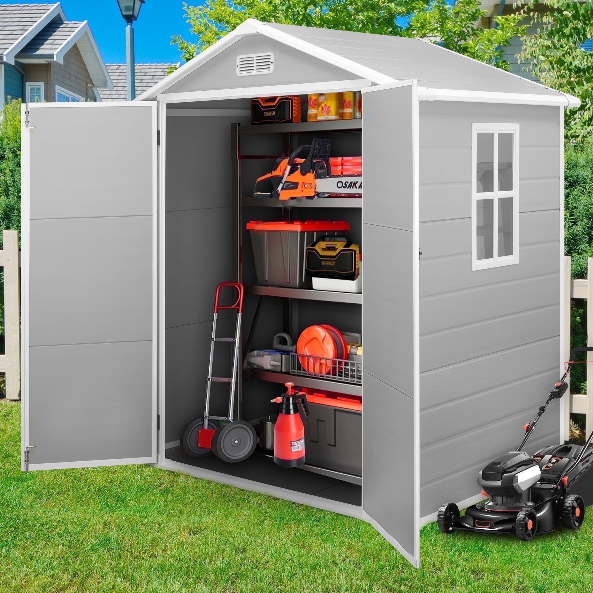 Sesslife 6×4.4ft Outdoor Storage Shed, All-Weather Plastic Sheds with Reinforced Floor, Large Tool Garden Resin Shed Storage with Double Lockable Door for Bike Lawn Patio, Light Gray